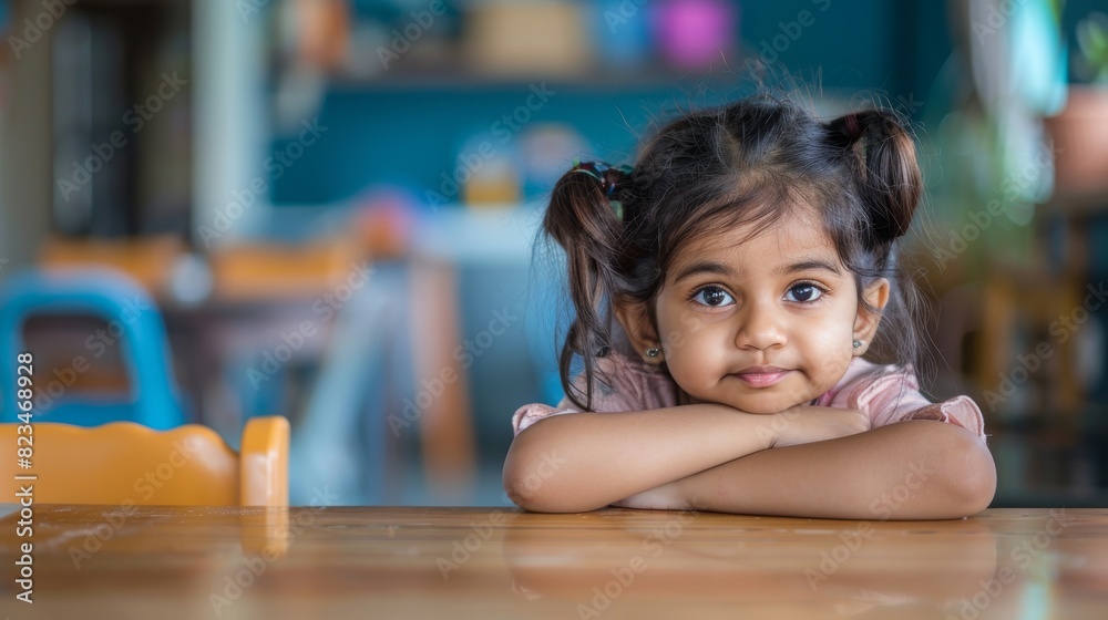 A little girl seated at a table, with her arms crossed in thought A little girl seated at a table, with her arms crossed in thought