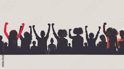 Empowered Diverse Women Standing Strong with Raised Arms in Silhouette Over Grey Background - Women's Rights Concept