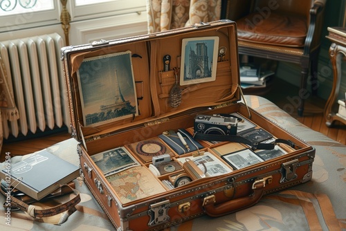 A suitcase full of items including a camera, a book, and a watch. The suitcase is open and the items are scattered around it photo