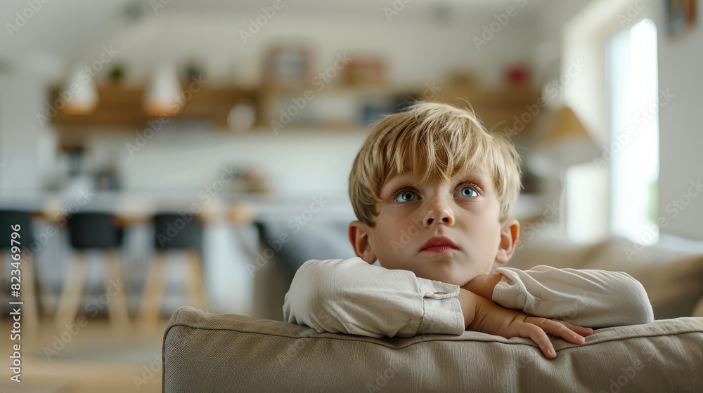 A Caucasian little boy sitting on a couch with his arms crossed A Caucasian little boy sitting on a couch with his arms crossed