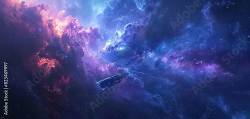 Epic space scene with distant galaxies, nebulae, and a spaceship exploring