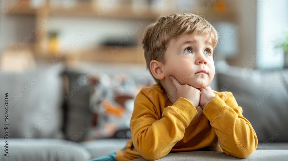 A little white Caucasian boy sits on a couch with his hands resting on his chin, lost in thought A little white Caucasian boy sits on a couch with his hands resting on his chin, lost in thought