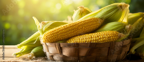 Freshly harvested corn cobs in a wooden crate, farm field background, soft light, copy space, photo