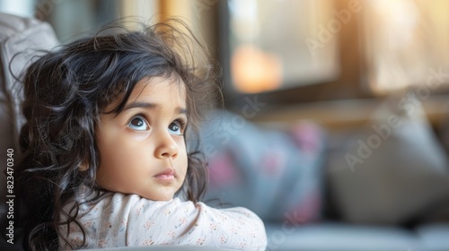 Young Indian girl deep in thought while sitting in a chair and gazing upwards