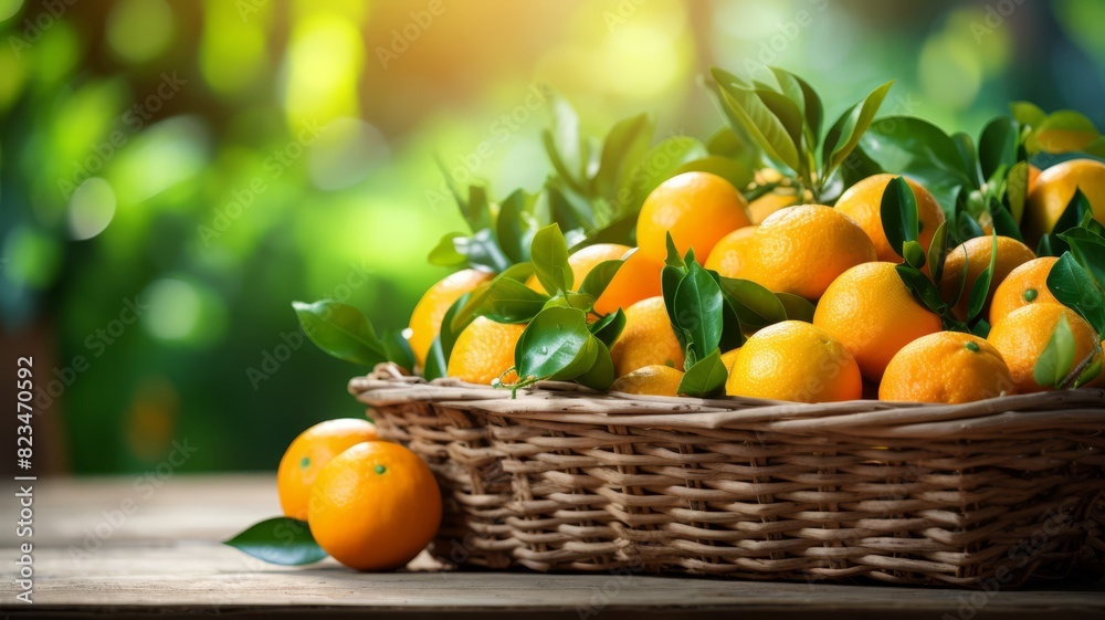 Freshly picked oranges in a rustic basket, farm background, vibrant colors, copy space,
