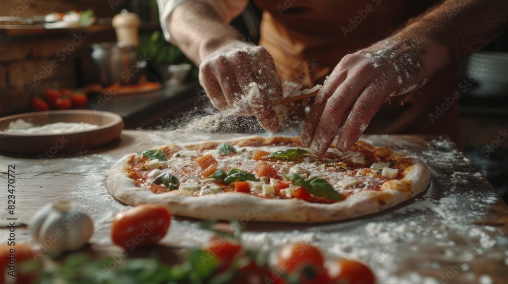 In Restaurant, the Chef Kneads Dough, Adds Ingredients, Prepares Special Sauce, and Prepares Traditional Family Recipe. Authentic Italian Pizzeria with Organic Food. Focus on Hands.