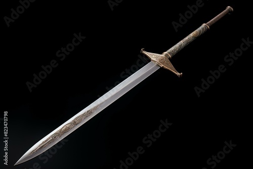 Elegant vintage sword with intricate design, isolated on a black background