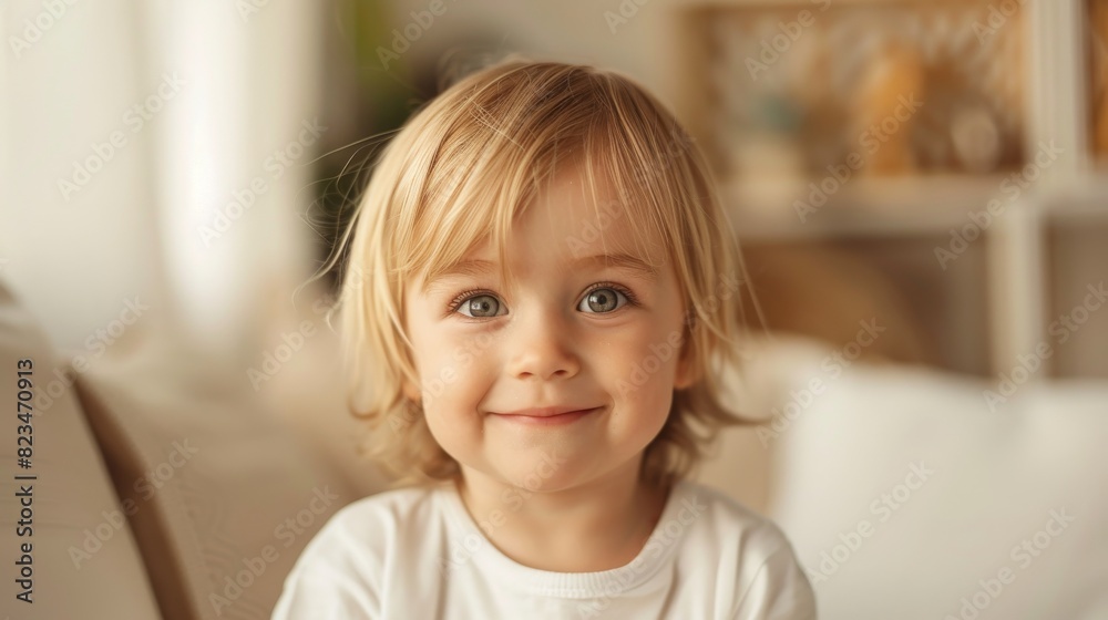 Children with positive emotions sitting in a room in an indoor setting. A happy infant, a happy childhood, and a happy parent.