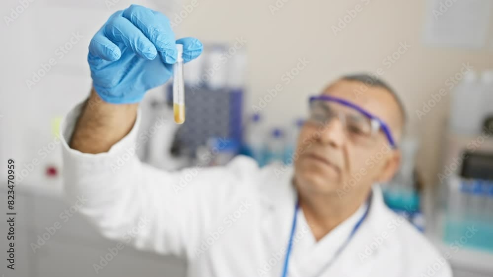 A focused middle-aged man in a lab examines a test tube, showcasing healthcare and scientific research indoors. A focused middle-aged man in a lab examines a test tube, showcasing healthcare and scientific research indoors.