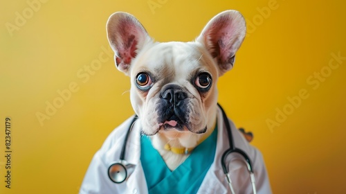 Portrait of a funny dog ​​in doctor's clothes on a yellow background