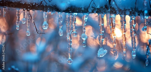 Glistening icicles hanging from tree branches in a winter forest