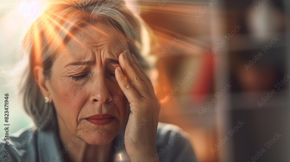 A woman with a frowning facer. She is holding her head in her hands. Migraine, stress concept.