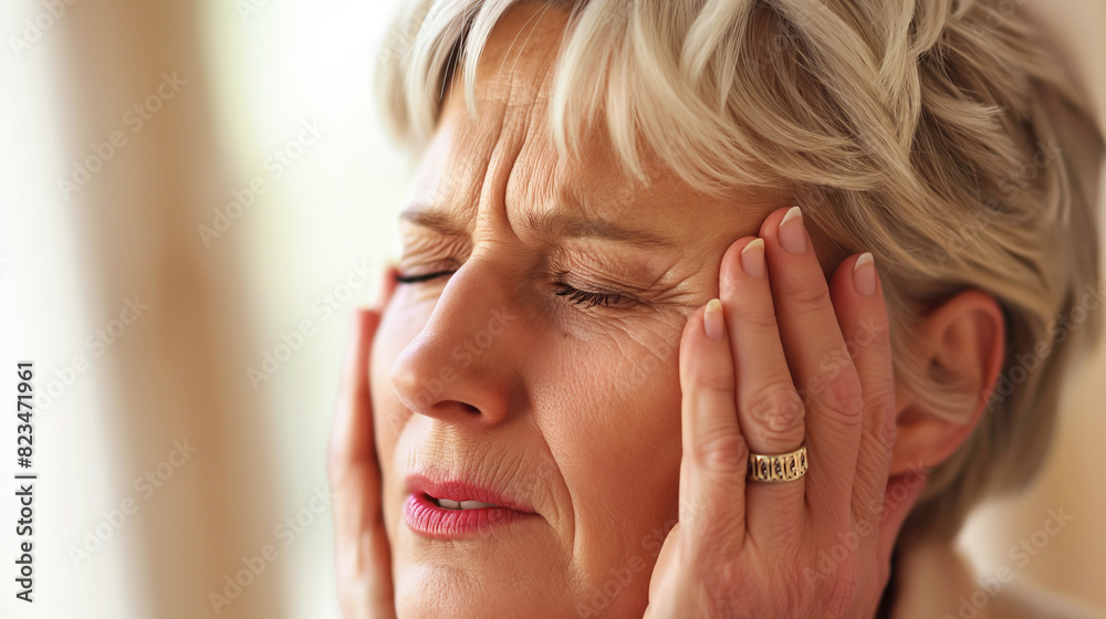 A woman with a frowning facer. She is holding her head in her hands. Migraine, stress concept. A woman with a frowning facer. She is holding her head in her hands. Migraine, stress concept.