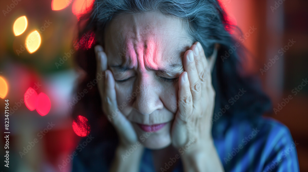 A woman is holding her head in her hands, looking very sad. Depression, anxiety, migraine concept.