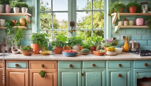 kitchen with colorful cabinets, vintage items and fresh herbs and plants on the windowsill
