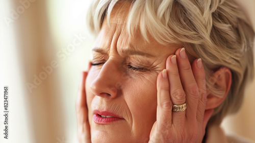 A woman with a frowning facer. She is holding her head in her hands. Migraine, stress concept.