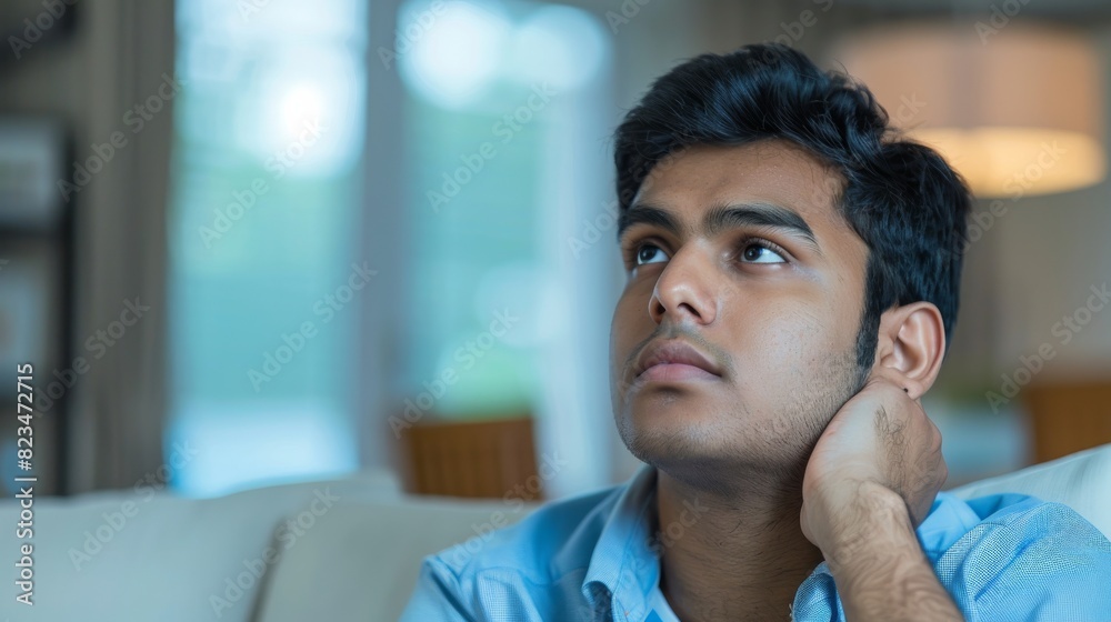 An Indian male seated on a couch, deep in thought with hand on ear An Indian male seated on a couch, deep in thought with hand on ear