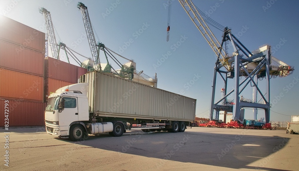Truck with cargo container parked in warehouse yard, cranes reloading containers for transportation