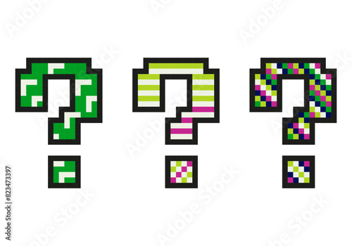 Set of pixel question marks on white background. Design for stickers, web, mobile app. Vector pixel art in 8-bit old style