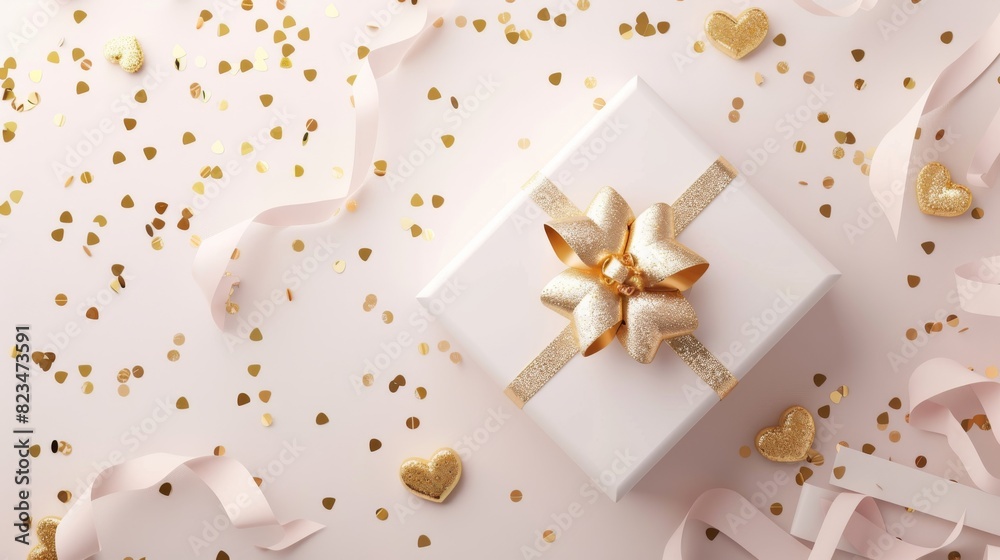 A white and gold minimalist luxury Valentine's Day celebration illustration with gift boxes and confetti as a modern background A white and gold minimalist luxury Valentine's Day celebration illustration with gift boxes and confetti as a modern background