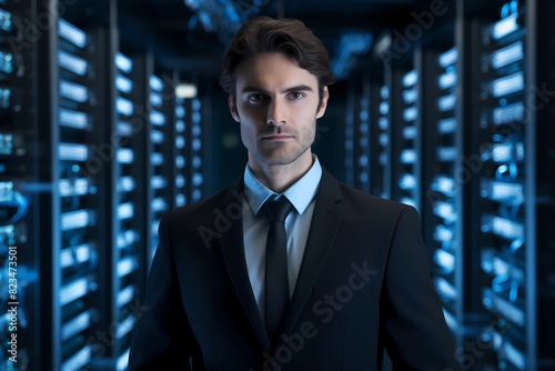 Late at Night in Private Office Male Businessman. He Look at the Camera. Data Protection Engineering Network for Cyber Security. Business Concept