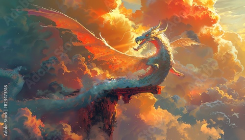 Illustrate the back of a mythical dragon perched on a rainbow bridge in a vibrant, otherworldly setting, manipulating complementary colors with surreal twists