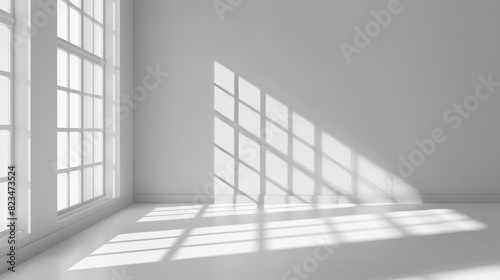 White minimalist realistic empty room with sunlight through window and shadow cast background illustration