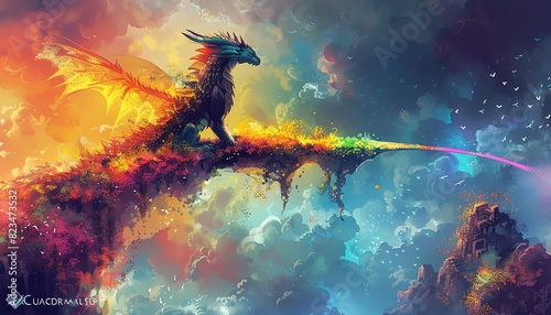Illustrate the back of a mythical dragon perched on a rainbow bridge in a vibrant, otherworldly setting, manipulating complementary colors with surreal twists
