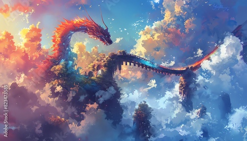 Illustrate the back of a mythical dragon perched on a rainbow bridge in a vibrant, otherworldly setting, manipulating complementary colors with surreal twists photo