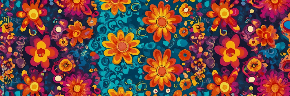 A vibrant, colorful image displaying a floral pattern with various flowers and leaves on a blue backdrop
