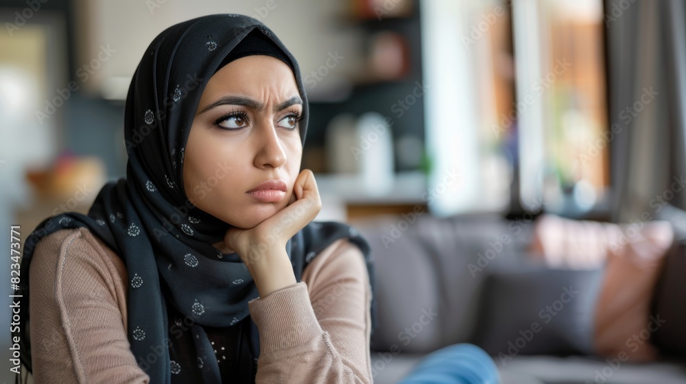 Muslim woman deep in thought, sitting on a couch Muslim woman deep in thought, sitting on a couch