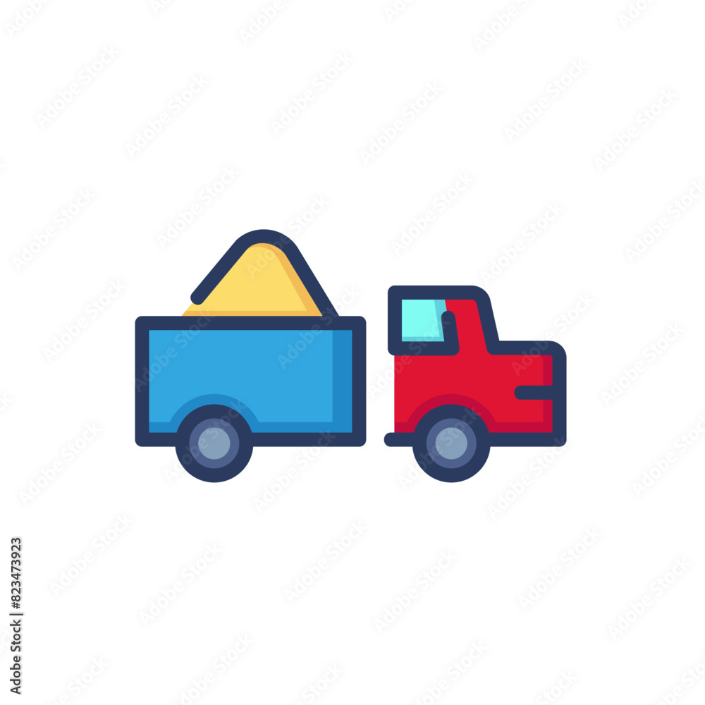 Truck with grain line icon. Trailer, field transport, distribution isolated outline sign. Farming, agriculture, harvest concept. Vector illustration, symbol element for web design and apps