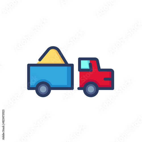 Truck with grain line icon. Trailer, field transport, distribution isolated outline sign. Farming, agriculture, harvest concept. Vector illustration, symbol element for web design and apps