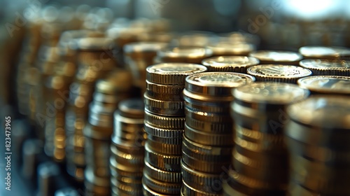 Capture a close-up, eye-level view of currency coins stacked in a rising trend, using macro photography to highlight intricate details Enhance with a sleek, modern style photo