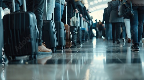 Business people with luggage standing in line at the airport and waiting their turn to go to the check-in counter or boarding gate. Travelling by plane concept. Cropped shot, human legs. Banner header photo