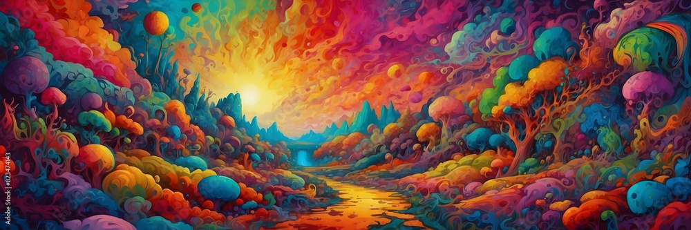 A whimsical digital painting with a forest path amid neon-like colorful flora under a sunset A whimsical digital painting with a forest path amid neon-like colorful flora under a sunset
