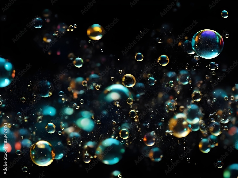Glowing background with bubbles and stars bubbles isolated on black glowing background. Generative AI