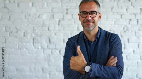 Businessman giving hand for handshake, over white brick loft wall background. Success in business, wellcome concept. Portrait of man in blue confident clothing  photo