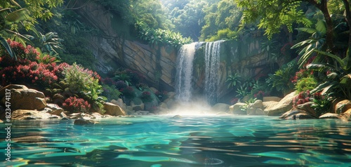 Lush tropical rainforest with dense vegetation  vibrant flowers  and a waterfall cascading into a crystalclear pool