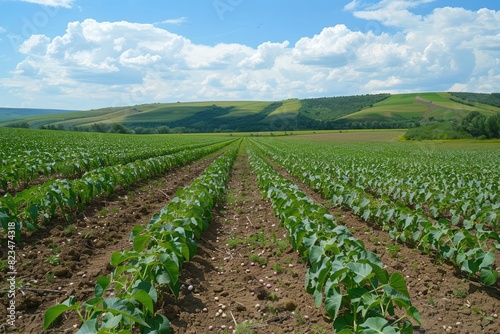 A field of green plants with a blue sky in the background. The sky is clear and the sun is shining