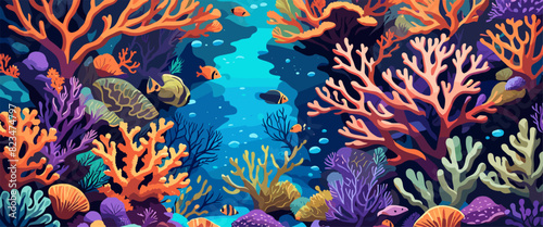 Underwater vector background  banner. Life at sea or ocean bottom. Exotic undersea world with coral reef  colorful fish  cute underwater creatures. Marine landscape  seascape.