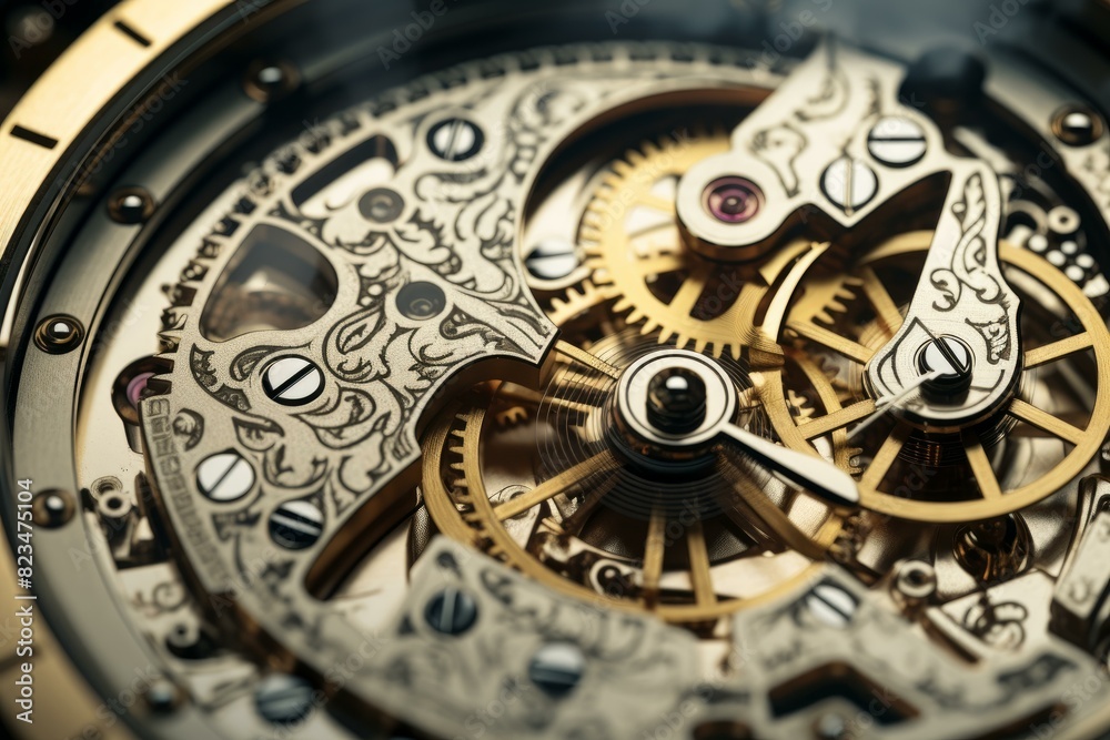 Close-up macro photography of intricate watch mechanism showing the precision engineering and craftsmanship of the mechanical parts and cogwheels in a luxury timepiece Close-up macro photography of intricate watch mechanism showing the precision engineering and craftsmanship of the mechanical parts and cogwheels in a luxury timepiece