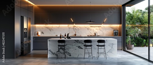 Modern kitchen with sleek appliances, marble countertops, and a large island photo