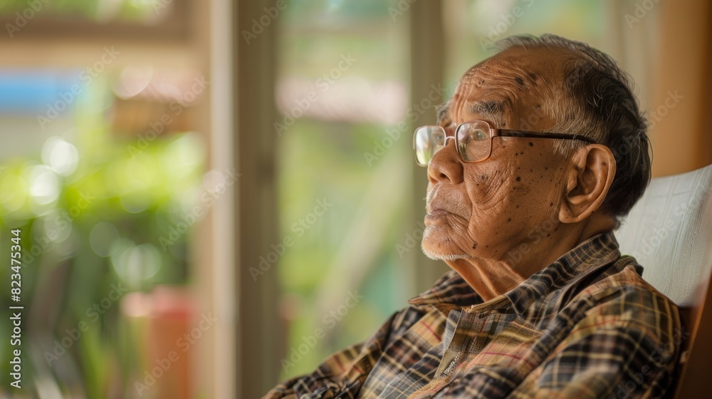 An elderly man sits in a chair, deep in thought, looking out the window An elderly man sits in a chair, deep in thought, looking out the window