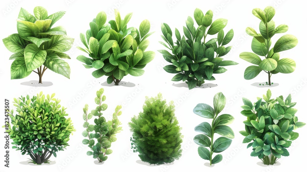 Plants in the garden. Set of green shrubbery plants in a modern flat textured style.