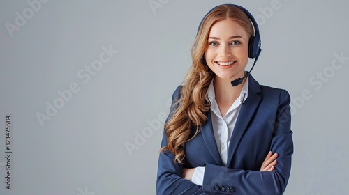 Call center. Smiling female support phone operator in blue confident suit and headset, isolated over grey background. Caucasian blond model in customer service help consulting concept   photo