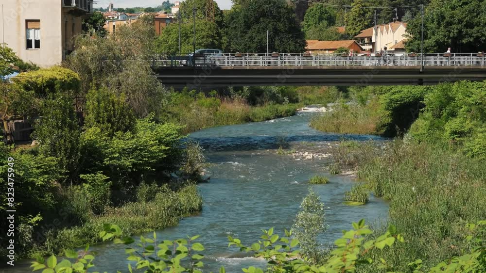 Serene River Flowing Under a Modern Bridge in a Rustic Town Setting Serene River Flowing Under a Modern Bridge in a Rustic Town Setting
