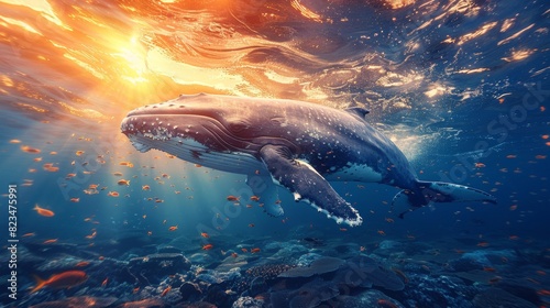 Split view of whales and marine life in the ocean photo