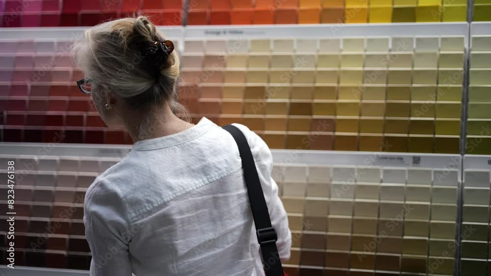 Back of blonde woman with large array of paint swatches in the background as she shops for good colors for home remodeling project. Back of blonde woman with large array of paint swatches in the background as she shops for good colors for home remodeling project.