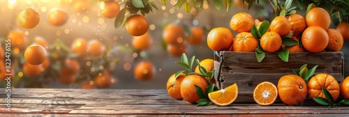 Sunlit citrus orchard with ripe oranges in overflowing wooden crate, reflecting the sun s warmth photo